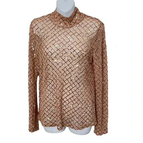 Pilcro Sequin Mesh Top Women's Medium Rose Gold Mock Neck Long Sleeve - Picture 2 of 7